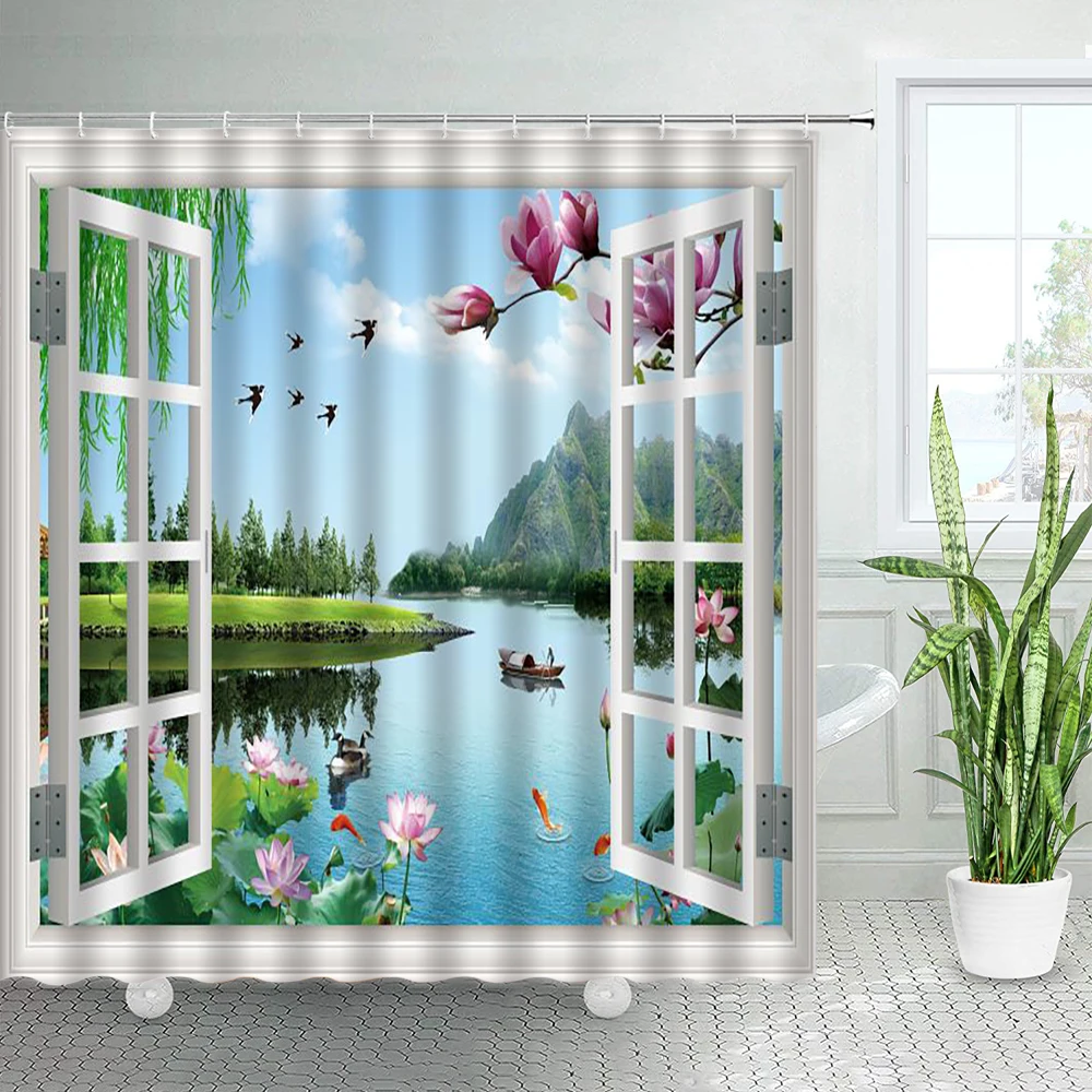 

Outside the Window Spring Landscape Shower Curtains Pink Flowers Green Plants Asian Chinese Style Decor Bathroom Curtain Hooks