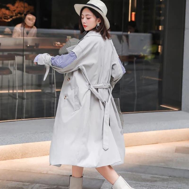 

Korean Patchwork Striped Trench Coat for Women Lapel Slim Windbreaker 2020 Autumn Windbreakers Raincoat Fashion Clothes