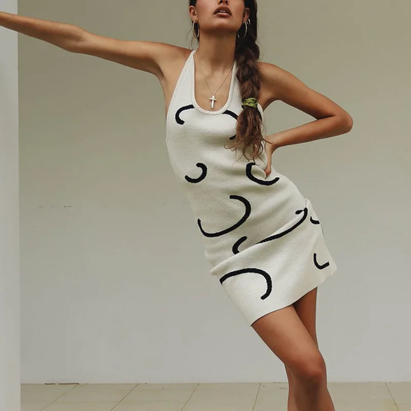 

2021 Women Sexy Dresses Halter Neck Backless White Print Sleeveless yiciya 2021 Summer Beach Bodycon Y2K Knitted Mini Dress