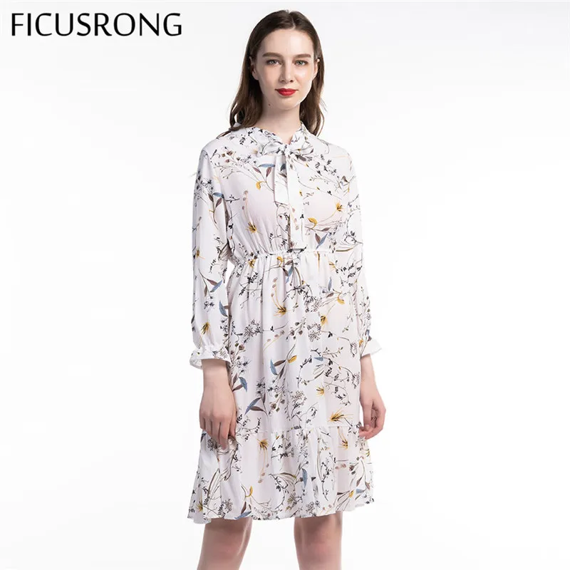 FICUSRONG женское шифоновое платье с цветочным принтом винтажное офисное длинными