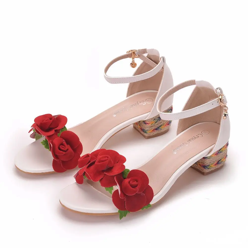 

Summer Ladies 4cm Thick Heel Ankle Strap Sandals Red Flower High Heels Woman Sweet Wedding Sandals For Women Shoes A0009
