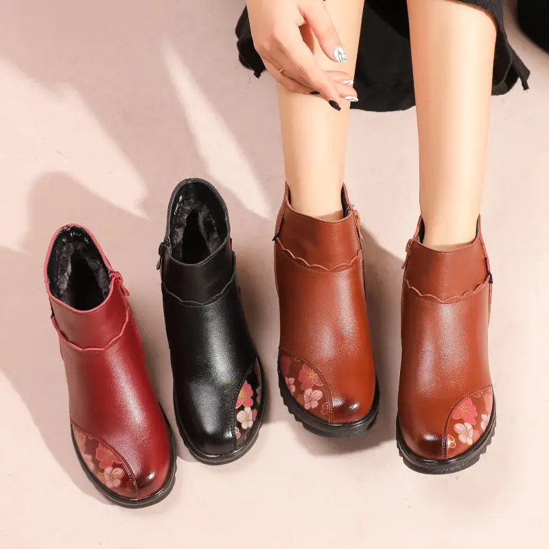 

Printing Microfiber Leather Boots Ankle Shoes Women Winter Keep Warm Plush Wedge Boots Female Sneaker Mom Luxury Brand Boots