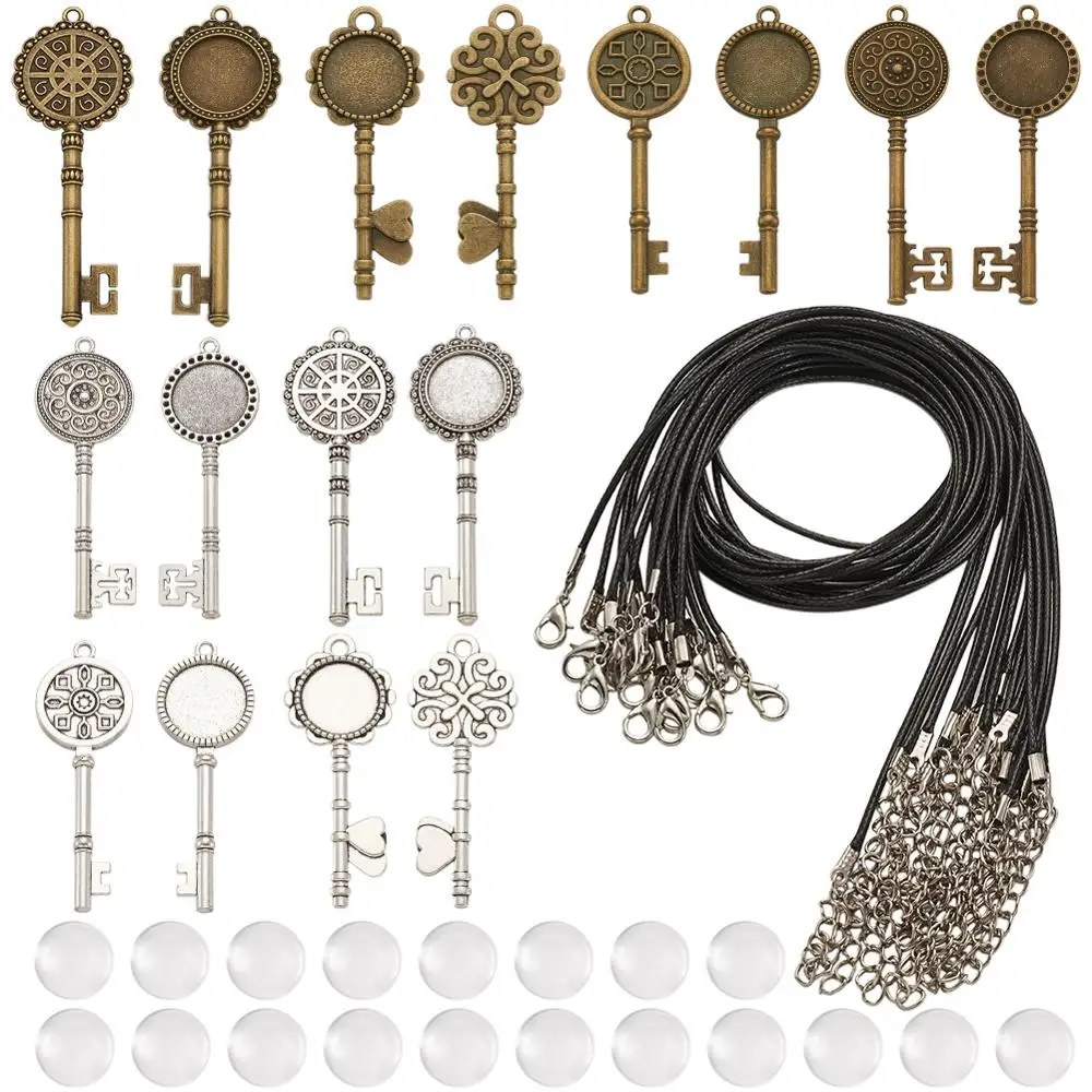 DIY Necklace Making with Tibetan Style Key Alloy Pendant Cabochon Settings Waxed Cord Glass Cabochons 24pcs/set | Украшения и