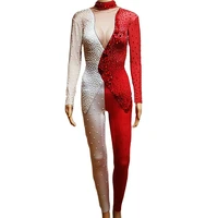 red and white rhinestones symmetrical jumpsuit women personality blazers pattern printing performance costume ladies club wear