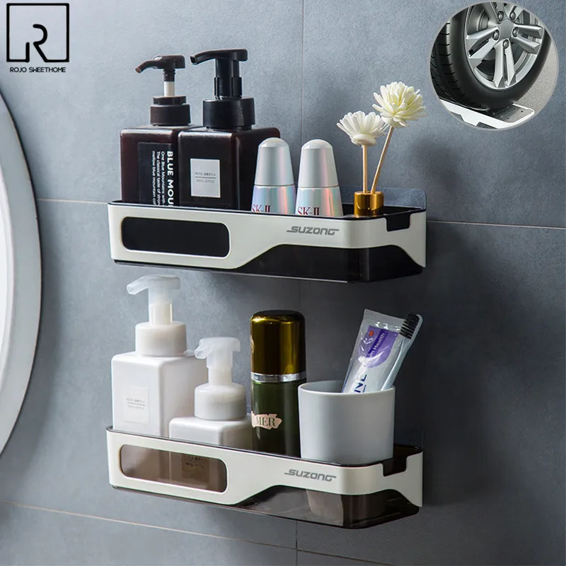 

Bathroom Accessories Shampoo Holder Plastic Toilet Floating Shelf Self-adhesive Spice Storage Rack Drain Holes Room WC Organizer