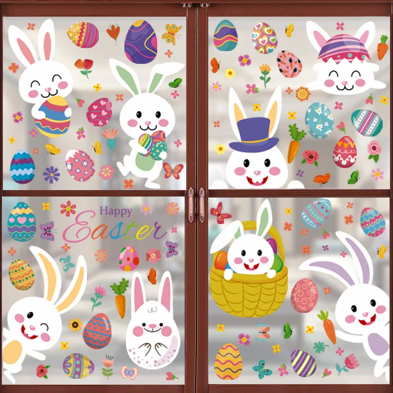 

9pcs Easter Bunny Egg Chick Window Glass Sticker Electrostatic Wall Stickers Easter Party Home Room DIY Window Decal Decoration