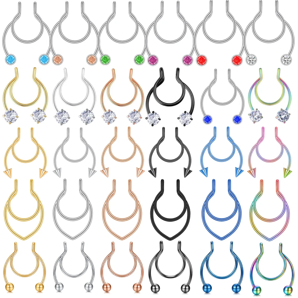 

Поддельные прокалывание перегородки носа кольца Нержавеющая сталь обруч нос кольцо для Для женщин мужчин клип на радужные розовые золотые...