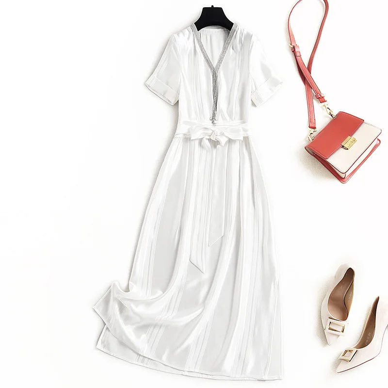 

European high grade acetic acid dress 2021 summer new women's dress slim waist V-Neck long skirt 17615