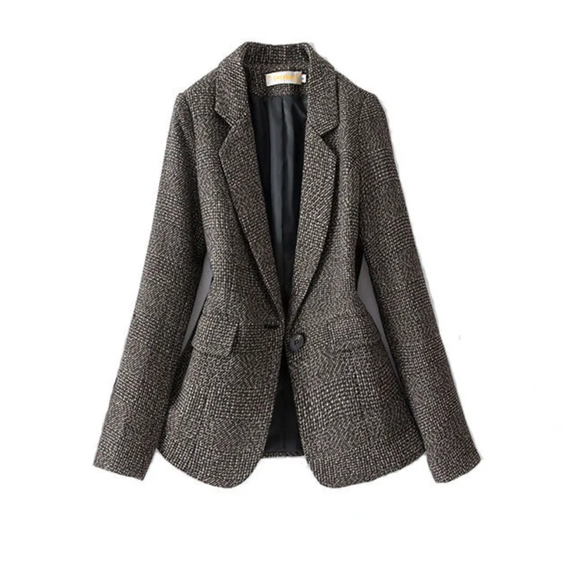 

Vintage Single Button Office Ladies Plaid Blazer Long Sleeve Loose Plus Size Suit Coat Jacket Women Blazers Female 2021