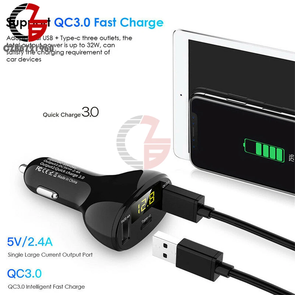 Type-C USB C QC3.0 QC2.0 быстрое автомобильное зарядное устройство вольтметр Индикатор емкости батареи 5 в 12 В 24 В 2.4A 32 Вт измеритель напряжения для телефона