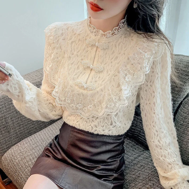 

2021 Fashion Tops Lace Elegant White Collared Designer Corset Shirt Womens Shirts Long Sleeve Sheer Blouse Crop Velvet Korean