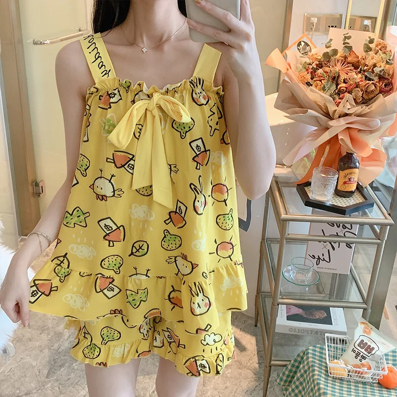 Sanderala Sexy Womens Pajamas Sets Bow Sleepwear Plus Size High Quality Lingerie Cute Nightgown Sleeveless Nighty Pajama Pants