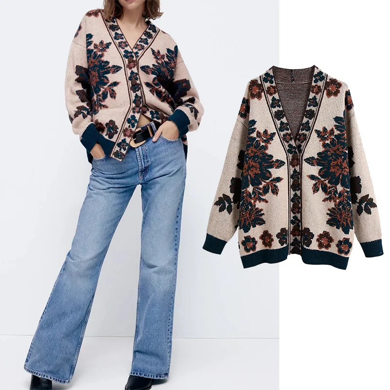 

Женский Осенний жаккардовый Свободный кардиган пальто Za 2021, Корейский Свитер оверсайз, вязаные кардиганы с длинным рукавом, женские зимние ...