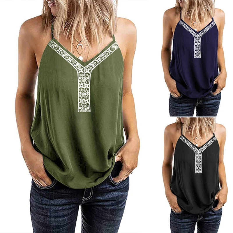 

Майка женская с вышивкой и V-образным вырезом, Повседневная Свободная рубашка без рукавов, топ с регулируемыми бретельками
