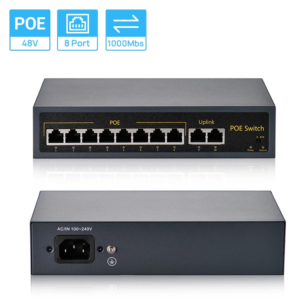 Hamrolte POE Switch 10Ports 8CH IEEE802.3af 10/1000Mbps Smart POE Switch 120W Max 250M For POE Camera System