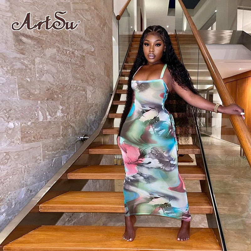 

Artsu/дышащее мини-платье, комбинированная майка с принтом и квадратным воротником, облегающее пляжное женское платье без рукавов, AG31869