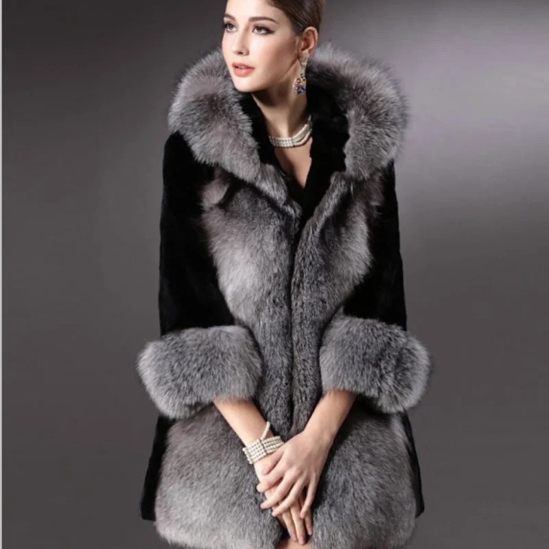 Fashion Women's Autumn And Winter Models Of Imitation Fox Fur Black Mink With Silver Fox Coat Office Lady WOMEN Single Breasted