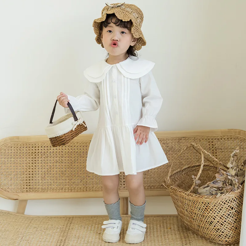 Детская одежда для девочек однотонные платья с длинными рукавами и воротником