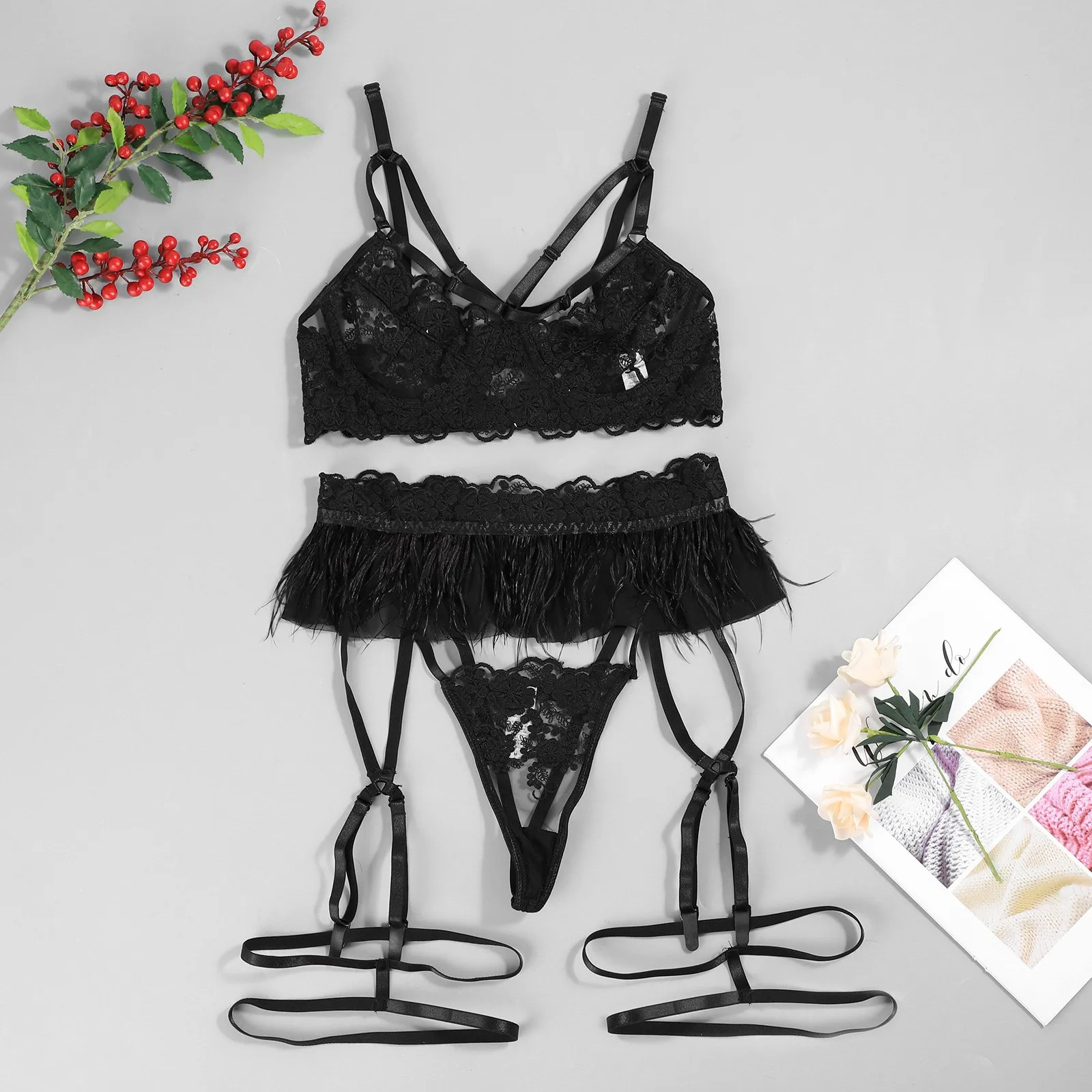 

3PC Sexy Flower Lace Women Underwear Set Steel Ring Bra Embroidery Garter Sexy Lingerie Perspective Porno Lenceria Sensual Mujer