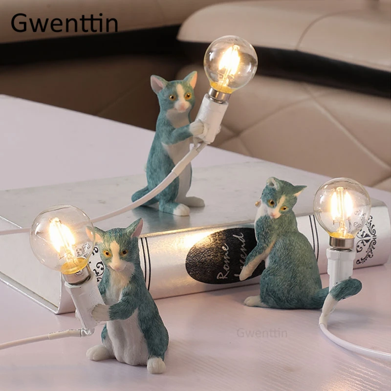 Современная мини настольная лампа из смолы в виде кота для спальни прикроватная