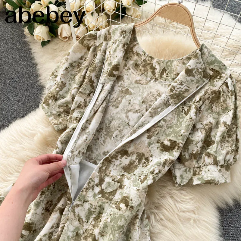 

Women Korean Floral Dress V Neck Short Sleeve A-line Ruffles Dresses Summer Bohemian Print Vacation Beach Midi Dress