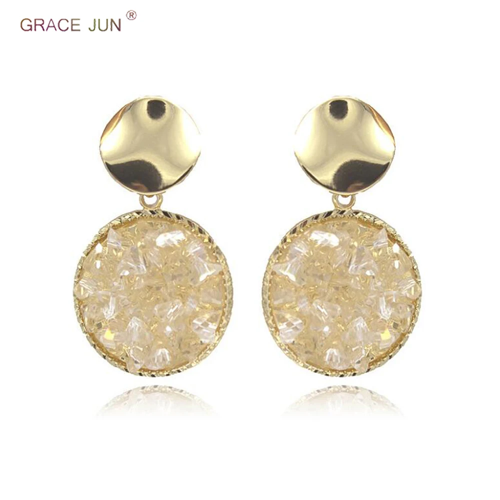 GRACE JUN New Arrival Enamel Crystal Acrylic Geometric Round Clip on Earrings Without Pierced for Women Luxury Charm Ear | Украшения и