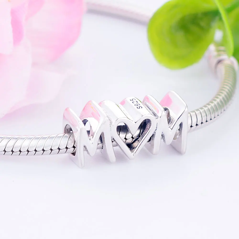 Подарок на день матери из стерлингового серебра 925 пробы с бусинами Love Mom Script Charm Fit