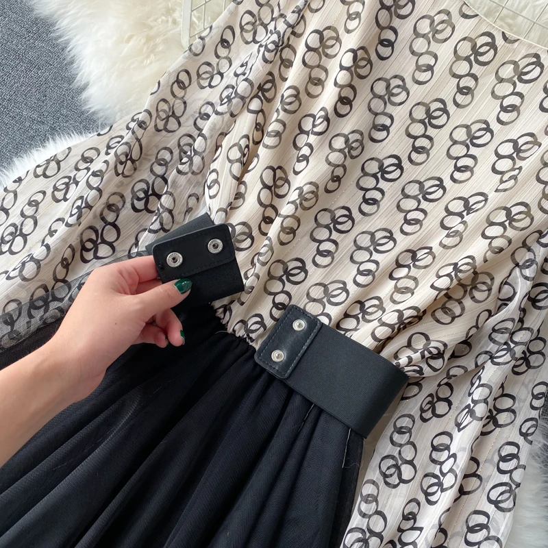 

Ladies Elegant Dress Fashion Black Summer Spring A Line Midi Dress Sexy V neck Print Puff Sleeve Stitching Fairy Mesh Dresses