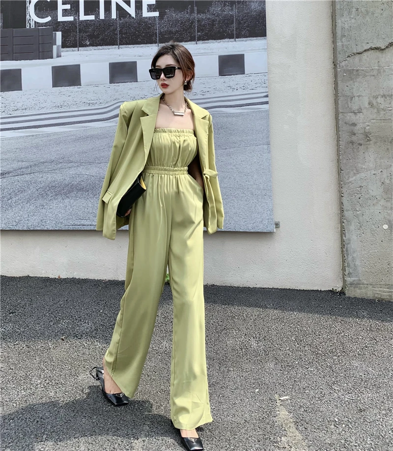 

Autumn Elegant Women's Office Suit Sets Tube Top Jumpsuit Two-Piece Set Green Blazer Jacket Fashion Playsuit Female Outfit