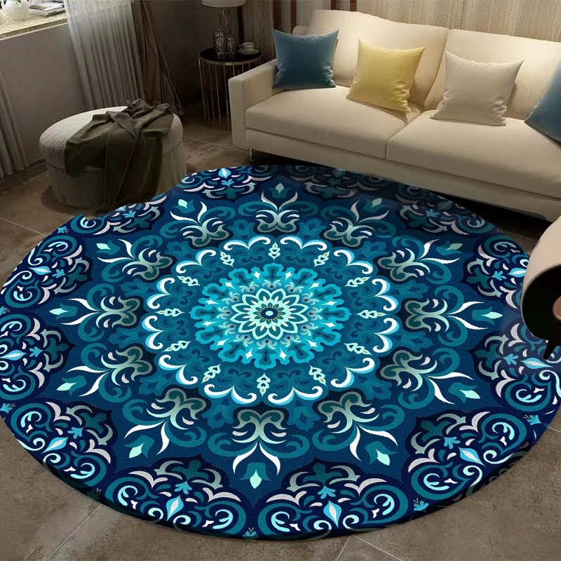 

2020 Coral Velvet Computer Chair Floor Mat Mandala Printed Round Carpet for Children Bedroom Play Tent Area Rug Round Blue