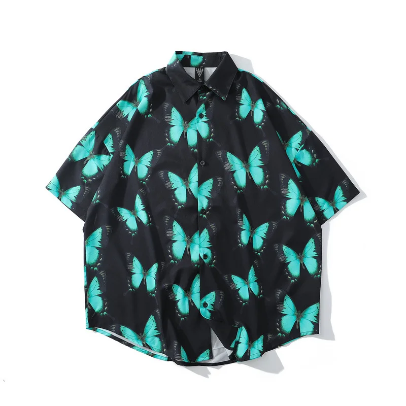 

Spring and Summer New Loose Butterfly Print Thin Digital Print Shirt Men and Women Loose Hip-hop Popular Logo Shirt