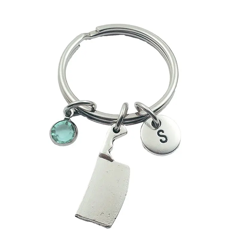 

Kitchen Knife Initial Letter Monogram Birthstone Keychains Keyring Creative Fashion Jewelry Women Gifts Accessories Pendant
