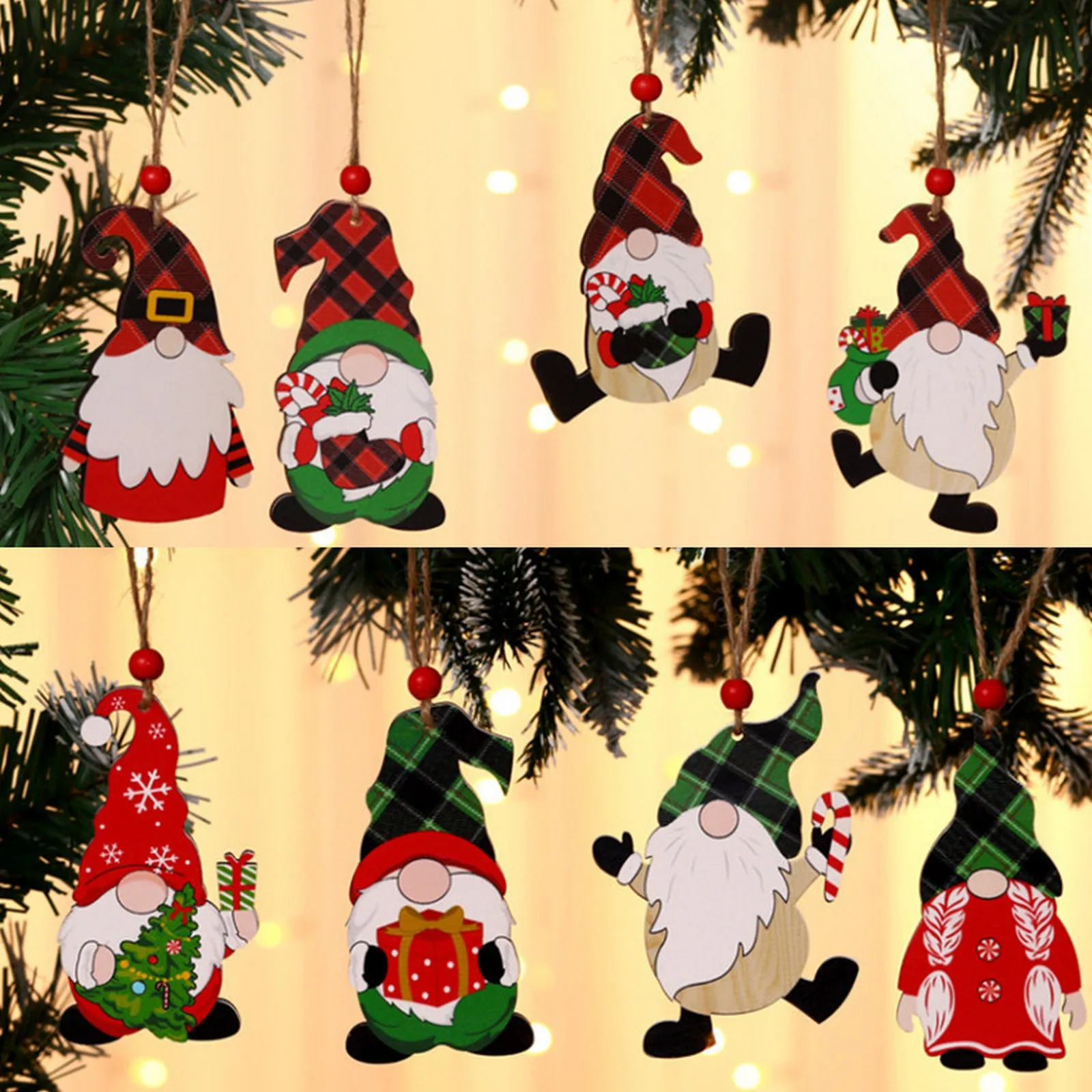 

8PCS Christmas Decorations Painted Wooden Small Pendants Christmas Tree Faceless Elderly Rudolph Pattern Pendants