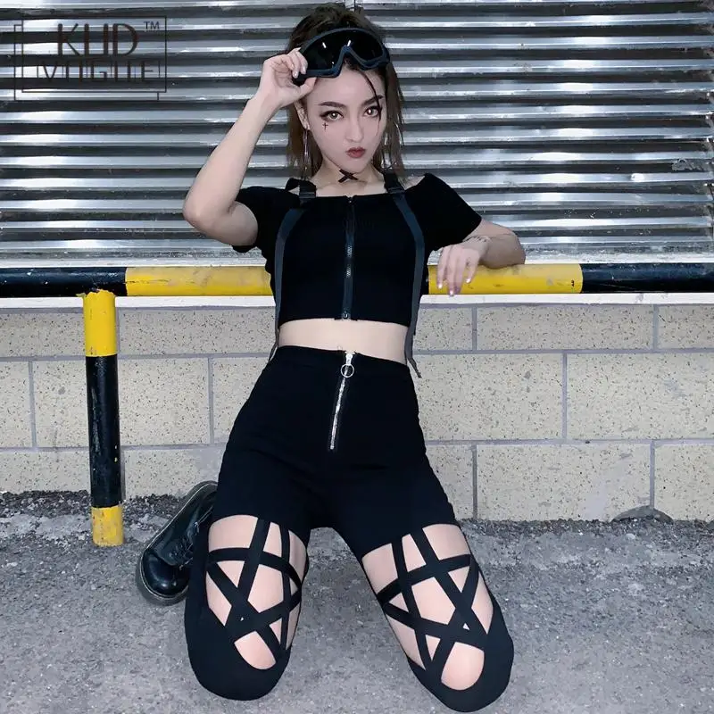 Женские обтягивающие штаны в готическом стиле панк хип хоп с дырками высокой