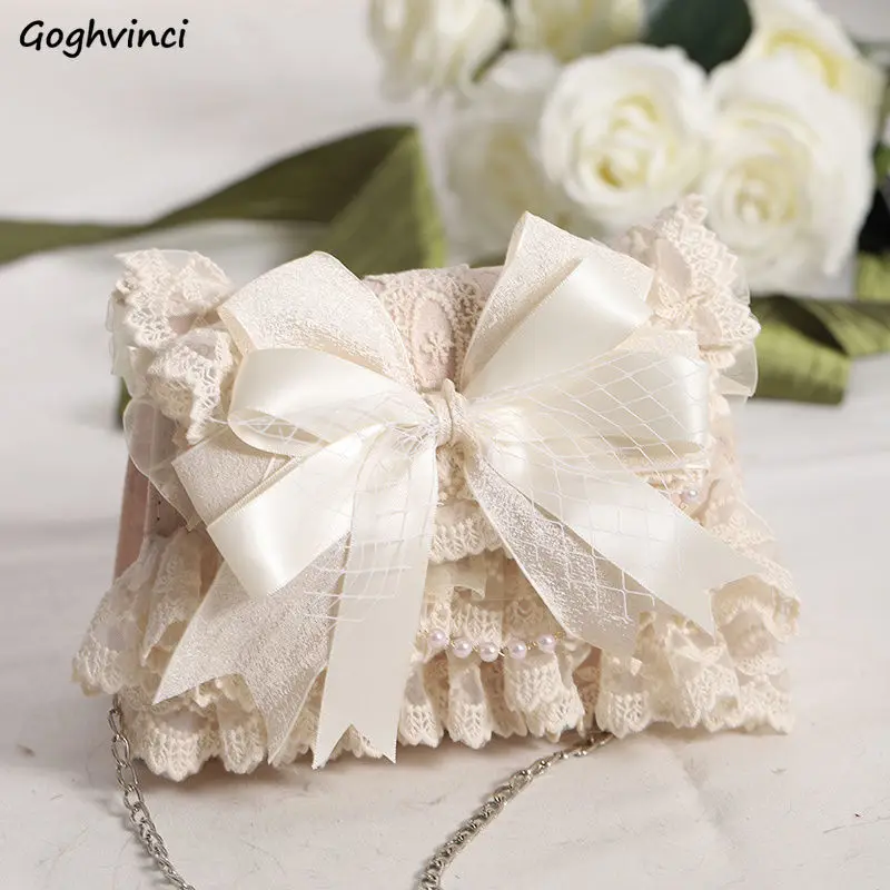 

Shoulder Bags Women Bow Lace Sweet Pink Cross-body Flaps Hasp Tender Lolita Beading Designs Womens Handbags Chain Bag Lovely Ins