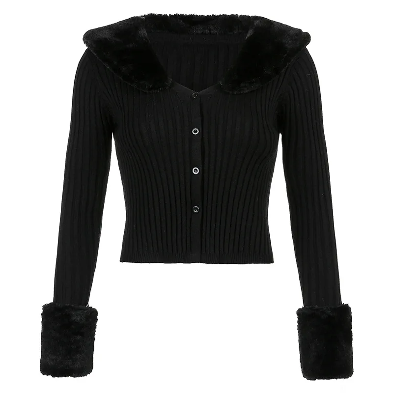 

Women's new autumn 2021knitted top sexy solid color wool collar long sleeve V-neck cardigan slim fit coat