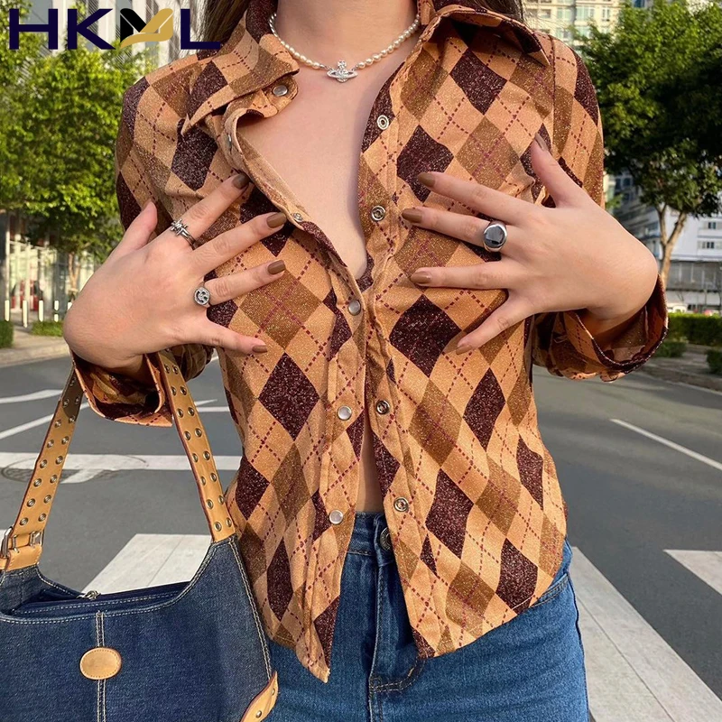 

Винтажные клетчатые футболки Y2K в стиле гранж с рисунком ромбиками, ретро топы на пуговицах, футболка с длинными рукавами, Осенний шикарный ...