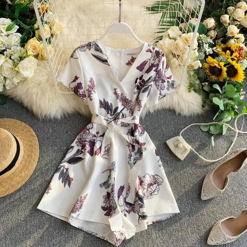 

New Vintage Women Chiffon Playsuit Flower Printed V-neck High-waisted Loose Wide-Leg Shorts Overalls Ladies Floral Romper