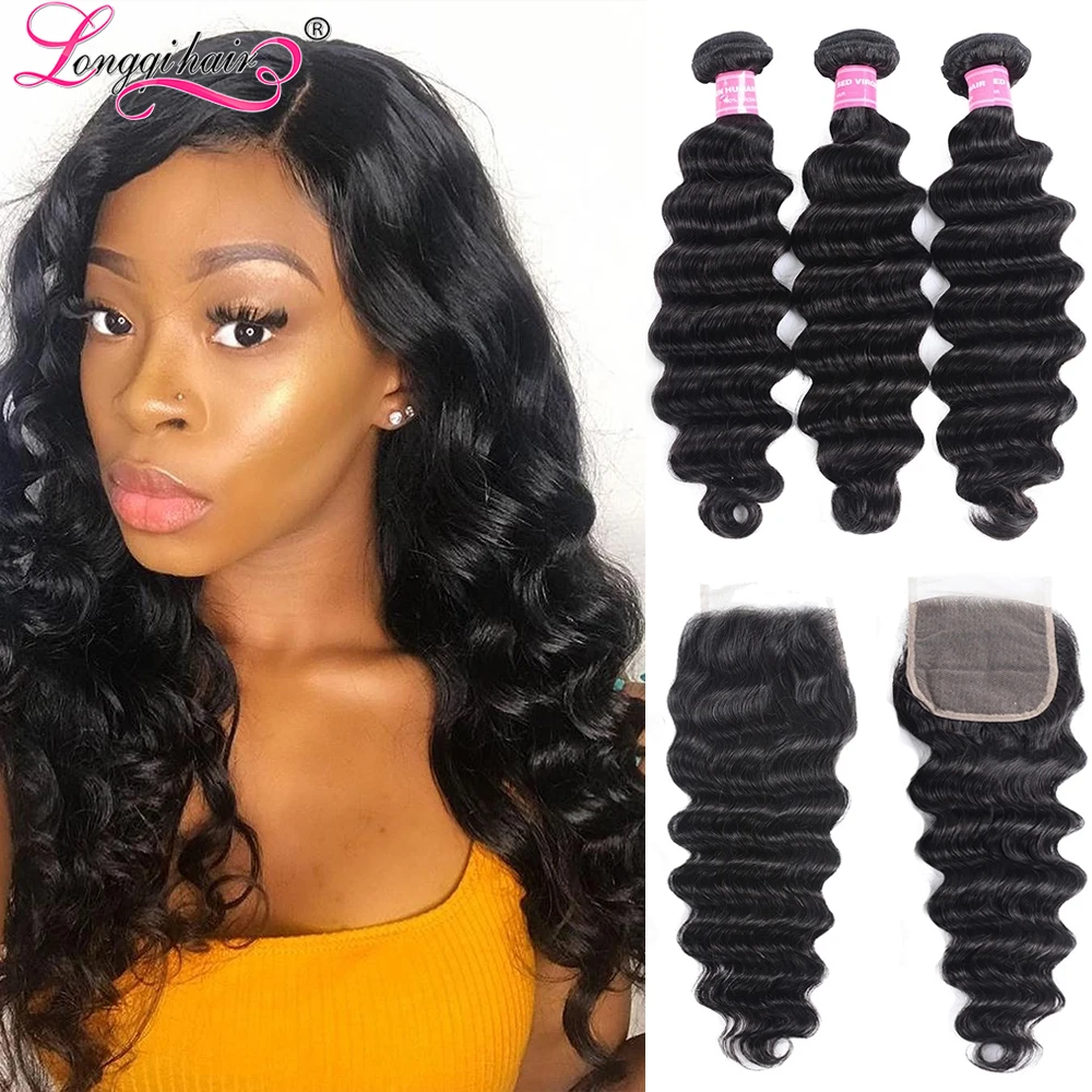 Longqi бразильские свободные волнистые пряди с закрытием Remy 100% человеческие волосы