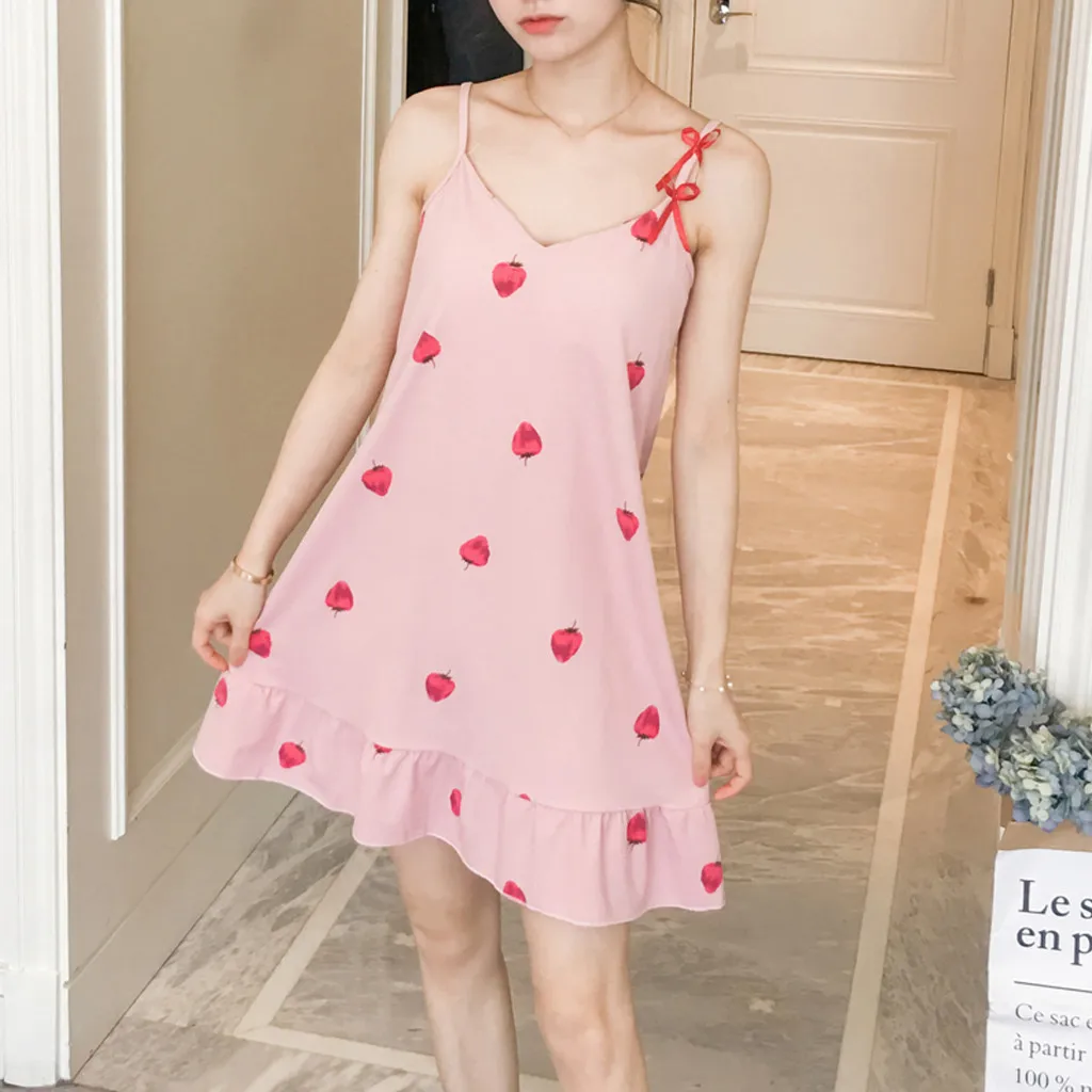 

Women Fashion Casual Print V-Neck Sweet Cute Sleeveless Home Sleep Wear Nightwear Nightgown Sleepwear Mini Dress