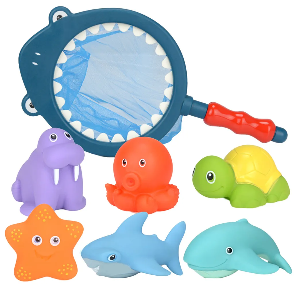 

Beach Toys set 7pcs Baby Bathing Floating Soft Rubber Animals Water Tub Toy Squirts Spoon-Net Water Tools Toys for children 2020