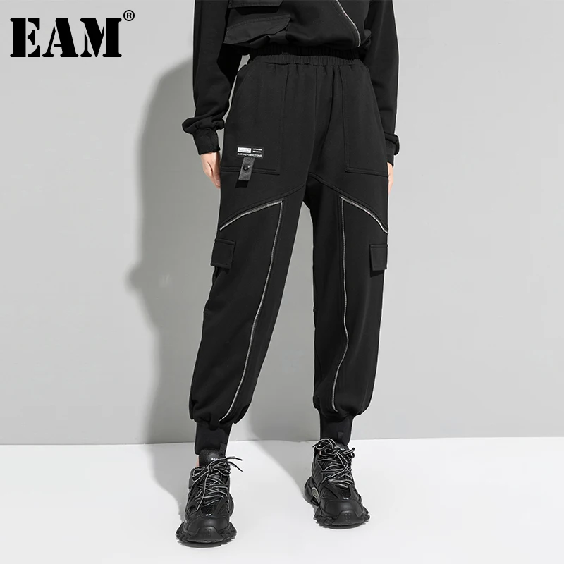 

[EAM] Черные длинные штаны-шаровары с высокой эластичной резинкой на талии, новые свободные брюки, женские модные брюки, весна-осень 2021, 1DD5761