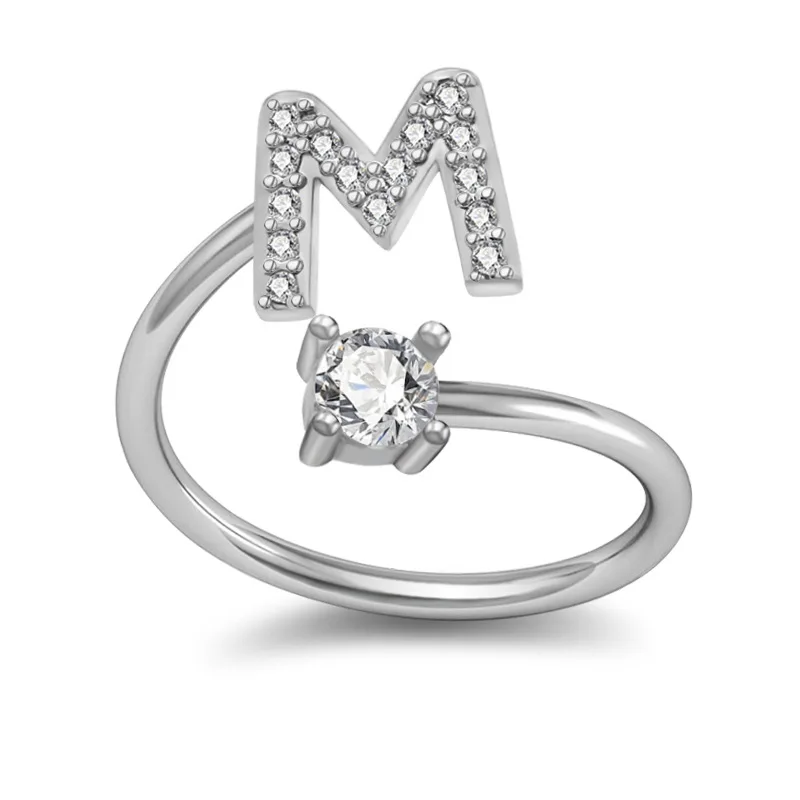

Tiny Trendy Zirconia Silver plating Alphabet A-z Letter Rings High Quality Crystal Adjustable Rings For Women And Girls Jewelry