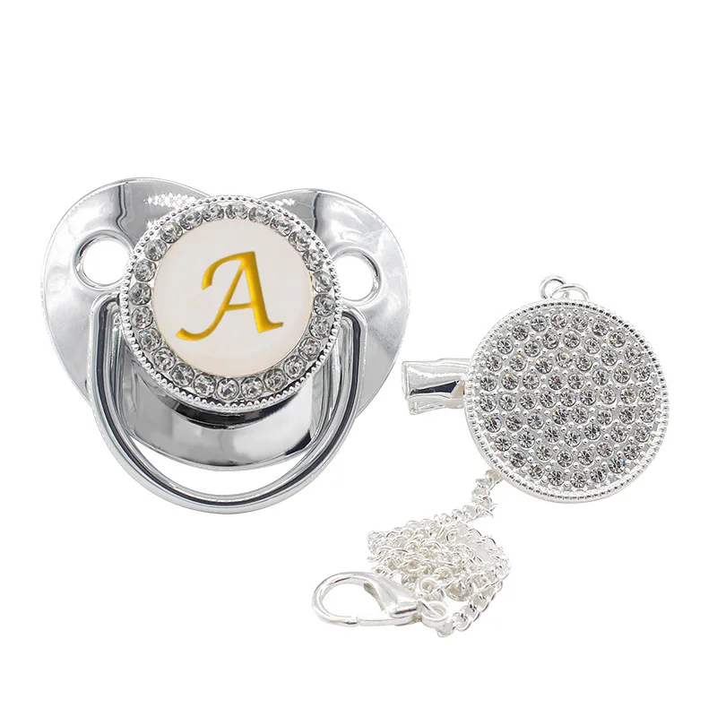 

New Baby Pacifier 26 Golden Name Initial Letters Silver Bling Pacifier Clips Chain Silicone Infant Nipple BPA Free Baby Soother