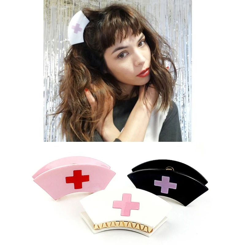 

Harajuku Acrylic Nurse Costume Hair Clip Nurse Cap Hairpins Cross Pattern Lovely Lolita Barrette Women Hair Claw Jewelry