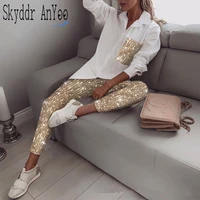 women fashion sequin two piece set long sleeve womens tops and blouses femme two piece outfits elastic waist long pants sets