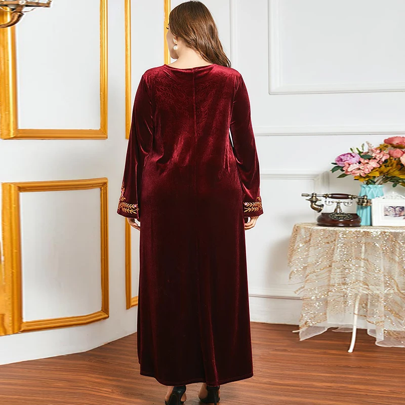 

Latest Plus Size Dress Autumn and Winter Women's Ethnic Embroidery Long-Sleeved Wine red Casual Gold Velvet Dress Robe