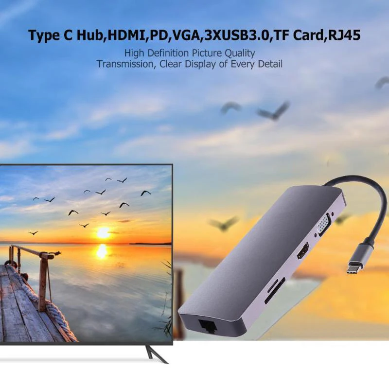 Type C Hub 9 In 1 Usb-C To 4K Hdmi Pd Vga 3Xusb3.0 Tf Card Rj45 Lan Adapter Converter Wire Cable | Компьютеры и офис