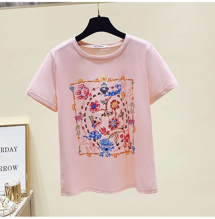

2021 Women's Patchwork Drawing Retro Short Sleeve O-Neck T-Shirt Pink T-Shirt Summer Top