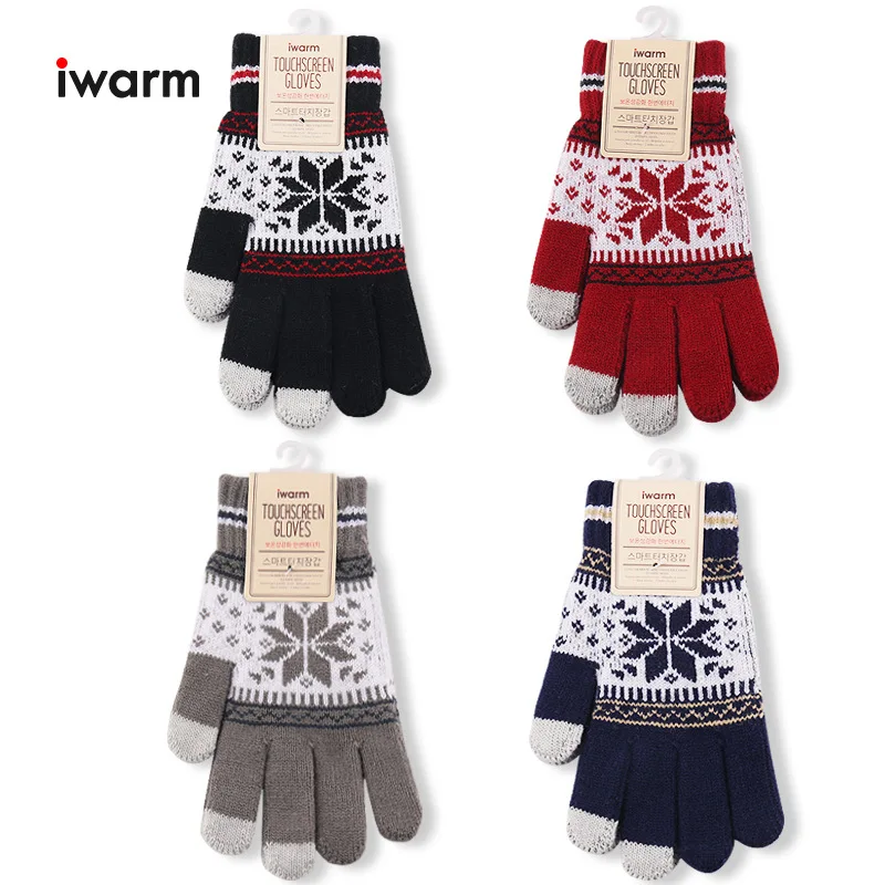 

Women Cashmere Knitted Double-layer Woolen Gloves Female Winter Korean Version of Snowflake Deer All Fingers Winter Gloves Girls